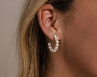 Pearl Hoop Earrings, Freshwater Graduated Pearl, 925 Sterling Silver, Bridal Bridesmaid Earrings, Mother's Day Gift