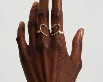 Heart Puzzle Ring Set for Couples, Matching Best Friend Rings, Moissanite & Pearl Ring, Adjustable Open Band, 18K Gold Vermeil Gift