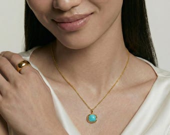 Sagittarius Birthstone Necklace (Nov 23 – Dec 21) | Turquoise Pendant 8mm | 18K Gold Plated 925 Silver | Gift for Her | Make to order