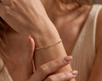 Bar Chain Bracelet, 18K Gold Vermeil or 925 Sterling Silver, Dainty Rectangle Bar Design, Adjustable Minimalist Bracelet, Gift for Her