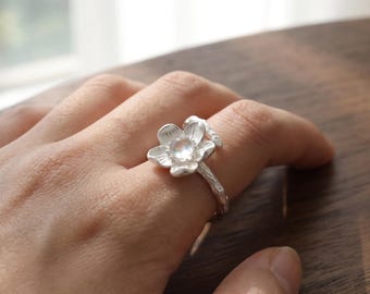 Cherry Blossom Ring, 925 Sterling Silver, Moonstone Floral Design, Adjustable Open Band, Handcrafted Botanical Jewelry, Gift for Her