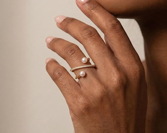 Double Pearl Cross Ring | 14K Gold Vermeil 925 Silver | Freshwater Pearl Moissanite Ring | Dainty Statement Ring | Gift for Her