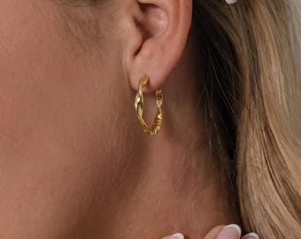 Twisted Hoop Earrings, CNC Precision Cut, 18K Gold Vermeil or 925 Sterling Silver, Thick Hypoallergenic Hoops, Gift for Her