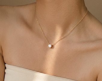 Moissanite Solitaire Necklace, 14K Gold Vermeil Bezel Set Pendant, Diamond Alternative, Dainty Everyday Necklace, Gift for Her