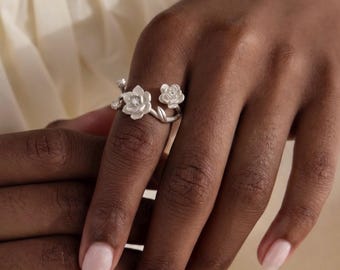 Peony Wildflower Branch Ring, 925 Sterling Silver, Floral Statement Design, CZ Accent Botanical Ring, Adjustable Open Band, Gift for Her