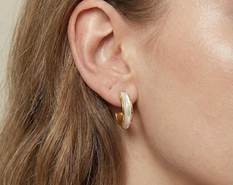 Mother of Pearl Hoop Earrings 18K Gold Vermeil 925 Silver | Dainty Shell Huggie Earrings | Iridescent Pearl Hoops | Gift for Her