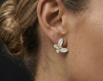 Butterfly Stud Earrings Mother of Pearl Moissanite | 18K Rose Gold Vermeil 925 Silver | Dainty Shell Butterfly Earrings | Gift for Her