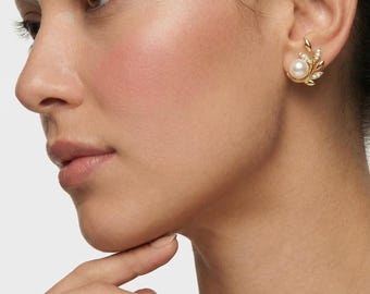 Natural Pearl Leaf Earrings, Diamond Grade Moissanite, 18K Rose Gold Vermeil Stud Earrings, Minimalist Bridal Jewelry, Gift for Her