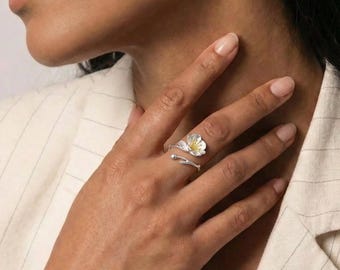 Flower Ring Gold | 18K Gold Vermeil Adjustable Floral Ring, Dainty Crabapple Blossom Ring, Gift for Her