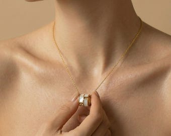 Mother of Pearl Ring Pendant Necklace 18K Gold Vermeil | Luxury Cylinder Pendant | Thick Gold Plated Shell Inlay Necklace | Gift for Her