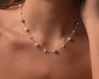 Freshwater Pearl Necklace Gift | Multicolor Pearl Station Necklace | 925 Silver Adjustable | Everyday Layering Jewelry