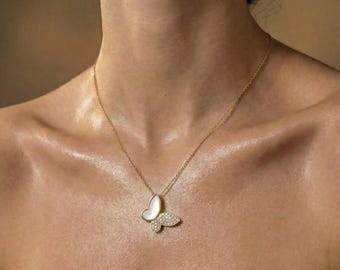 Moissanite Butterfly Necklace, Mother of Pearl Pendant, 18K Gold Vermeil Butterfly Necklace, Minimalist Jewelry Gift for Her