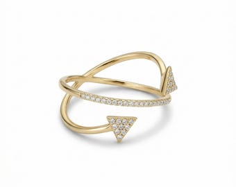 Dual Arrow Ring, Moissanite Geometric Ring, 14K Gold Vermeil  Ring, Double Triangle CZ Ring, Dainty Statement Ring, Gift for Her