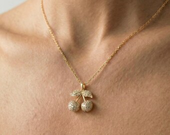 Cherry Necklace Gold | Moissanite Diamond Quality | Dainty Pave Pendant | 5-Micron 18K Gold Vermeil | Luxury Gift for Her