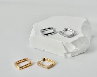 Moissanite Square Hoop Earrings: 18k Gold Plated Huggies