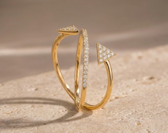 Dual Arrow Ring, Moissanite Geometric Design, 14K Gold Vermeil, Double Triangle Statement Ring, Dainty Everyday Ring, Gift for Her
