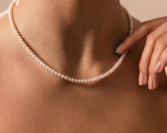 Freshwater Pearl Necklace, 4mm Round Pearl Beaded Choker, 925 Sterling Silver, Dainty Layering Necklace, Gift for Her