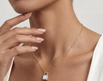Mother of Pearl Clasp Pendant, Moissanite Lock Charm, 18K Rose Gold Vermeil or 925 Sterling Silver, Necklace Clasp Charm, Gift for Her