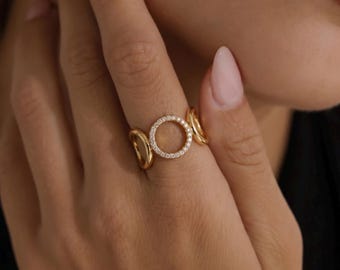 Open Circle Ring CZ Pave, 18K Gold Vermeil or 925 Sterling Silver, Triple Band Statement Ring, Diamond Alternative, Gift for Her