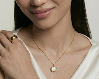 Libra Birthstone Necklace (Sep 23 – Oct 23) | Opal Pendant 8mm | 18K Gold Plated 925 Silver | Minimal Jewelry Gift for Her | Make to order