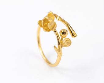 Magnolia Flower Branch Ring, 18K Gold Vermeil or 925 Sterling Silver, Adjustable Open Band, Botanical Nature Design, Gift for Her