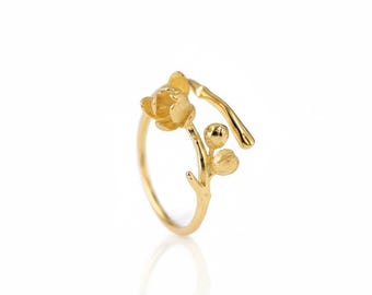 Magnolia Flower Branch Ring | 18K Gold Vermeil 925 Silver | Adjustable Open Band | Botanical Nature Ring | Gift for Her