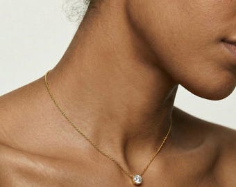 Moissanite Solitaire Necklace 14K Gold Vermeil 925 Silver | Dainty Diamond Alternative Pendant | Bezel Set Necklace | Gift for Her