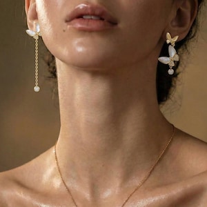 Asymmetric Butterfly Drop Earrings | Mother of Pearl & Moissanite Dangle | 18K Gold Vermeil Sterling Silver | Mismatched Earring Set
