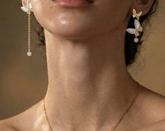 Asymmetric Butterfly Drop Earrings | Mother of Pearl & Moissanite Dangle | 18K Gold Vermeil Sterling Silver | Mismatched Earring Set