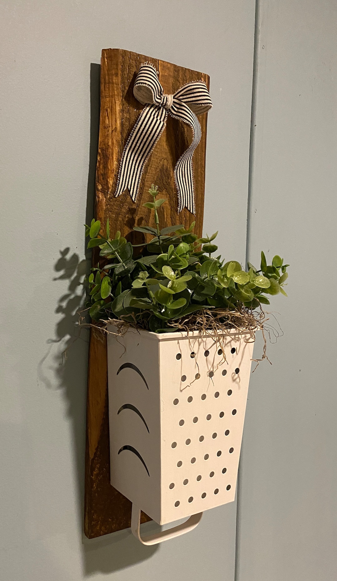 Farmhouse Wooden Cheese Grater Towel Holder, Handmade, Boxwood Florals