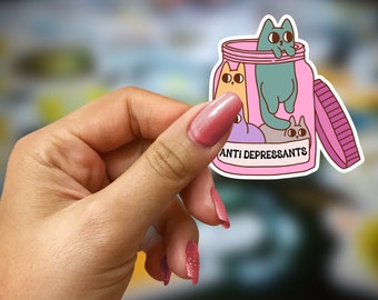 Cat Antidepressant Pill Bottle Die Cut Vinyl Waterproof Sticker, cat sticker, funny cat sticker, cute cat sticker, laptop sticker, stickers