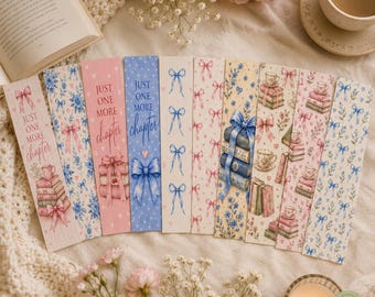 Coquette Bow Bookmark Bundle Digital Download – Pastel, Girly, Bookish Designs, Printable Book Marks, One More Chapter