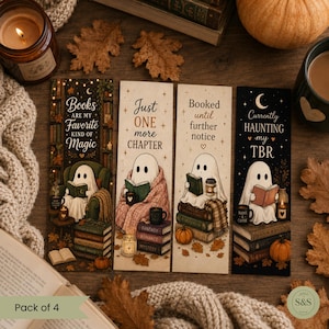 Set van 4 gezellige spookjes-bladwijzers om te printen, Halloween-bladwijzers, cadeau voor boekenliefhebbers, schattige spookjes-bladwijzer, leesaccessoires voor de herfst