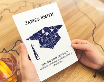 May include: A white graduation announcement with the name "JAMES SMITH" at the top. A navy blue graduation cap design features a map of San Jose State University. The text below reads "SAN JOSE STATE UNIVERSITY BACHELOR OF SCIENCE COMPUTER SCIENCE CLASS OF 2024."