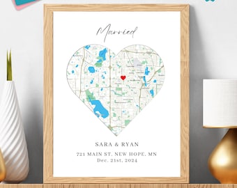 Personalized Map Wedding Location Sign,Custom Heart Map Print with Names, Wedding Gifts for Newlywed Couple, Address Gift, Coordinates Gift