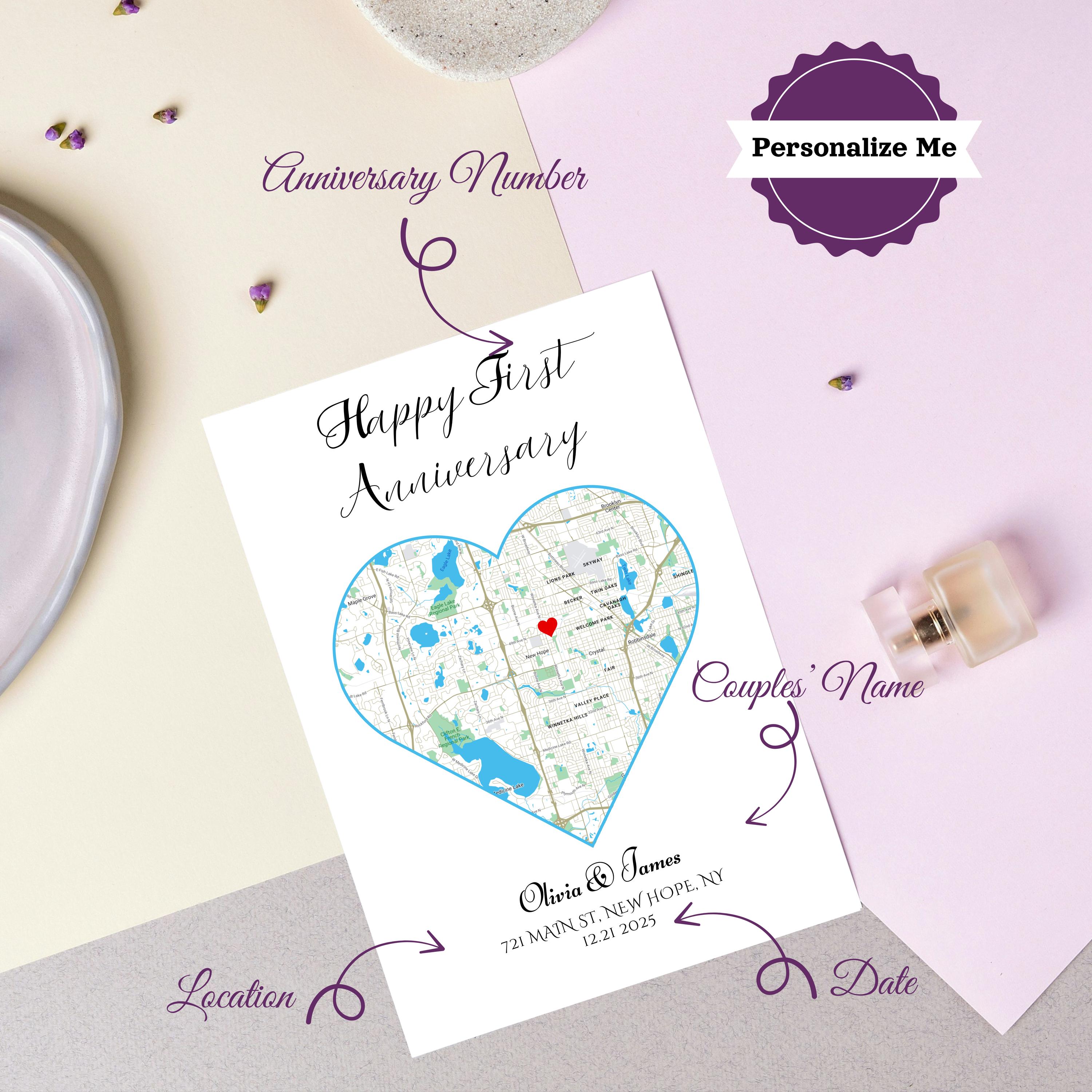 Custom First Wedding Anniversary Map Card, Happy Anniversary Card for ...