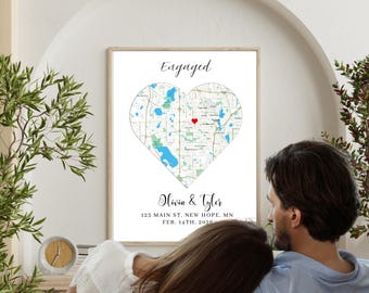 Custom Map Print Engagement Gift Engaged Map Bridal Shower Gift Newly Engaged Couple Custom Coordinates Location Romantic Gift for Fiancé