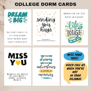 May include: Nine colorful cards with encouraging messages for college students. The cards feature phrases like "Dream Big", "Sending You Hugs", "Life is Tough But So Are You", "Miss You", "New Dreams New Adventures", and "Miss Your Face! Video Call Us When You're Not In Your Pajamas".