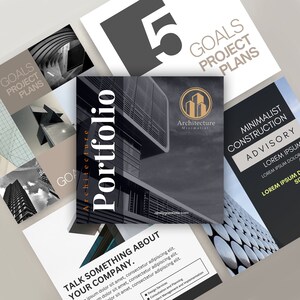 May include: A collage of images showcasing architectural design services. The central image features a modern building with the text "Architecture Minimalist" and the website address "reallygreatsite.com". Other images include text that reads "Goals Project Plans" and "Minimalist Construction Advisory".