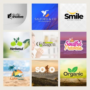 May include: Nine different logo designs for various businesses. The logos feature a variety of styles, including photography, accounting, design, medicine, travel, tourism, and cosmetics.