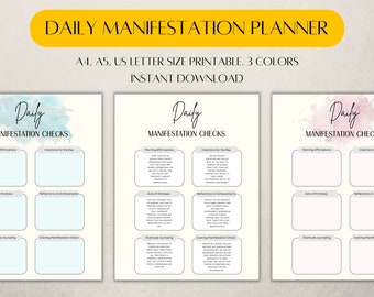 Daglig manifestationsplanerare UTSKRIVBAR, manifestplanerare, utskrivbar manifestationsdagbok, digital manifestationsguide, arbetsblad för egenvård.