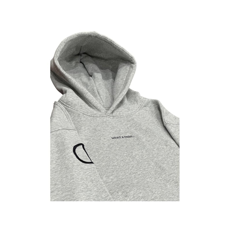 May include: A light gray hoodie with a hood and long sleeves. The hoodie has the phrase "WHAT A DRAG..." embroidered in black on the chest. A black, stylized "D" is embroidered on the left sleeve.