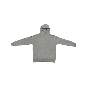 May include: A heather gray hoodie with a hood and a front pocket. The hoodie has long sleeves and a small circular design on the left sleeve. The text "MADE IN ITALY" is printed on the front of the hoodie.