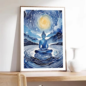 Buddha-Plakat, Zen-Druck, buddhistische Kunst, Sternenhimmel-Wandkunst, Yoga-Meditations-Clipart, blaues Poster, Muttergeschenk, Wohnkultur
