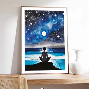 Poster bleu, Art de la nuit, affiche méditation, Art mural Yoga, Cadeau pour elle, Cadeau maman, Décoration de méditation, Art Bouddhiste
