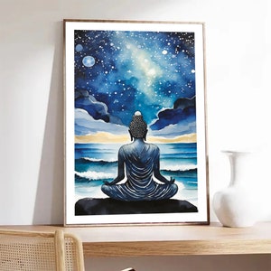 Blaues Poster, buddhistisches Kunstposter, Buddha-Meditation vor Sternenhimmel, Geschenk für Neugeborene, Dekoration für Babyzimmer, Geschenk für Mutter