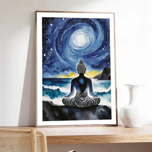 Affiche Buddha, Art Bouddhiste, Déco murale ciel étoilé, Impression zen, clipart méditation yoga, Affiche bleue, Cadeau maman, Déco maison !