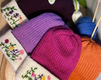 Hand Embroidered double layered wool beanie