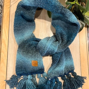 May include: A knitted scarf in shades of blue, with a gradient effect from dark to light. The scarf has a textured knit design and is finished with tassels. A small, brown leather tag is sewn on the scarf.