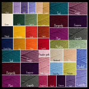 May include: A colour chart displaying yarn skeins in a variety of shades, such as Khaki, Teal, Burgundy, and Plum. Each colour is labelled, providing a wide selection for knitting and crochet projects.